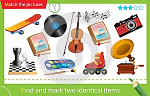 Find and mark two identical items. Puzzle for kids. Matching game, education game for children. Hobbies. Worksheet for