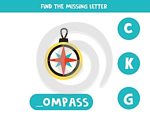 Find missing letter with cartoon navigational compass. Spelling worksheet.