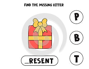 Find missing letter with cartoon present. Spelling worksheet.