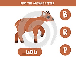 Find missing letter with cartoon pudu deer. Spelling worksheet.