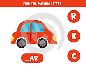 Find missing letter with cartoon toy red car. Spelling worksheet.