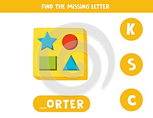 Find missing letter with cartoon wooden sorter. Spelling worksheet.