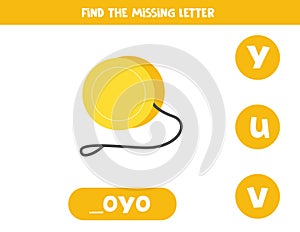 Find missing letter with cartoon yo yo. Spelling worksheet.