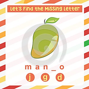 Find the missing letter mango worksheet for kids learning the fruits names in English.