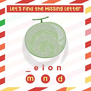 Find the missing letter melon worksheet for kids learning the fruits names in English.