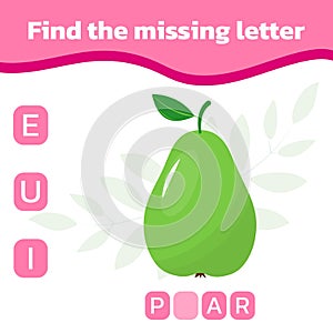 Find the missing letter. Worksheet for education. Mini-game for children.