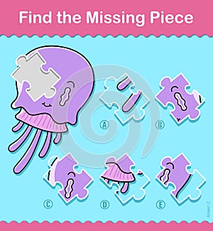 Find Missing Part kids puzzle game with jellyfish