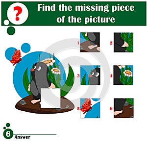 Find missing piece. Puzzle game for children. Funny mole