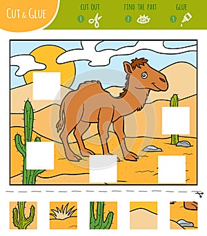 Find the missing pieces, jigsaw puzzle game. Cut and glue squares. One-humped camel in the desert