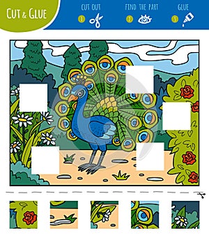 Find the missing pieces, jigsaw puzzle game. Cut and glue squares. Peacock in the royal garden