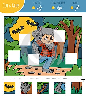 Find the missing pieces, jigsaw puzzle game. Cut and glue squares. Werewolf and night background