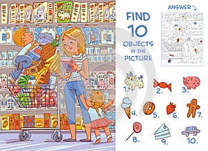 Find objects in the picture. Mother and two young children are shopping in a supermarket