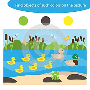 Find objects of same colors, pond life, game for children in cartoon style, education game for kids, preschool worksheet activity