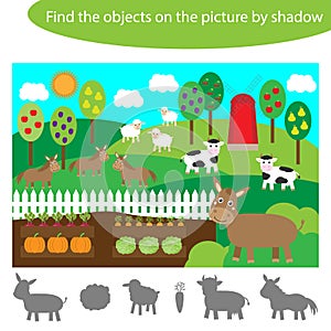 Find the objects by shadow, game for children farm animals and garden cartoon, education game for kids, preschool worksheet