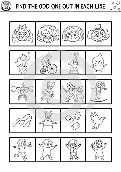 Find the odd one out. Circus black and white logical activity for children. Amusement show educational line quiz worksheet for