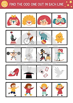 Find the odd one out. Circus logical activity for children. Amusement show educational quiz worksheet for kids for attention