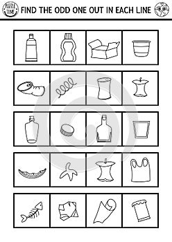 Find the odd one out. Ecological black and white logical activity for children. Eco awareness zero waste educational quiz