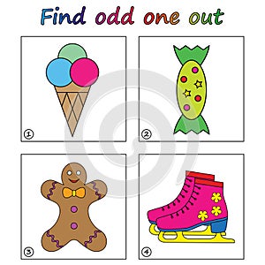 Find odd one out - game for kids. Worksheet.