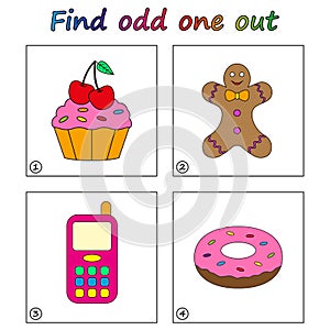 Find odd one out - game for kids. Worksheet.