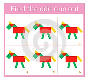 Find the odd one out. Logic puzzle for children. Vector illustration of cartoon horse