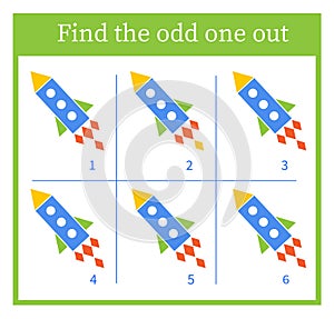 Find the odd one out. Logic puzzle for children. Vector illustration of cartoon rocket