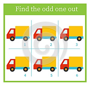 Find the odd one out. Logic puzzle for children. Vector illustration of cartoon truck