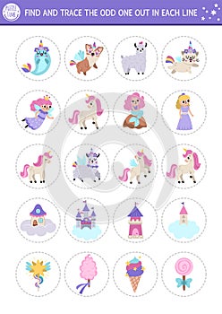 Find the odd one out. Unicorn logical activity for kids. Fantasy or magic world educational quiz worksheet for attention skills. photo