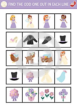 Find the odd one out. Wedding logical activity for children. Marriage ceremony educational quiz worksheet for kids for attention