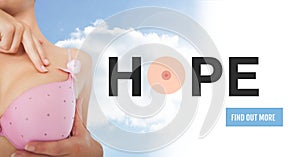 Find out more button with Hope text on Breast cancer woman with sky clouds background checking in br