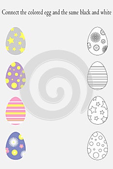 Find pairs of identical colored and black white pictures, fun education game with easter eggs for children, preschool worksheet