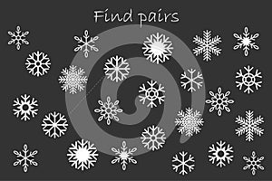 Find pairs of identical pictures, christmas fun education game with snowflakes for children, preschool worksheet activity for kids