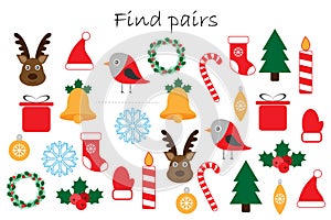 Find pairs of identical pictures, fun education game with christmas theme for children, preschool worksheet activity for kids,