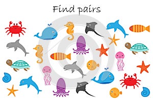 Find pairs of identical pictures, fun education game with different ocean animals for children, preschool worksheet activity for