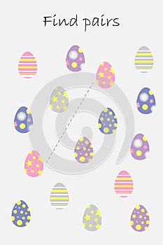 Find pairs of identical pictures, fun education game with easter eggs for children, preschool worksheet activity for kids, task