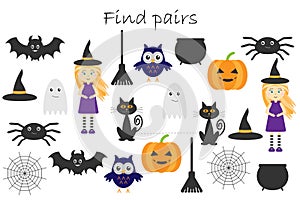 Find pairs of identical pictures, fun education game with halloween theme for children, preschool worksheet activity for kids, tas