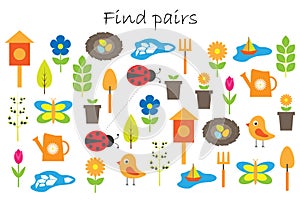 Find pairs of identical pictures, fun education game with spring garden theme for children, preschool worksheet activity for kids