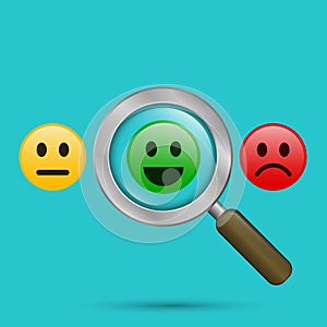 Find positive people concept. Magnifying glass with positive and negative emoticon. Search positive smiley among negative