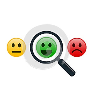 Find positive people concept. Magnifying glass with positive and negative emoticon or smiley. Search positive emoticon among