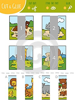 Find the right part, cut and glue game for children. Set of cartoon animals