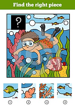 Find the right piece, game for children. A boy swims in the sea