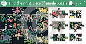 Find the right piece of jungle puzzle. Vector summer cut and glue or sticker activity for children. Tropical educational crafting