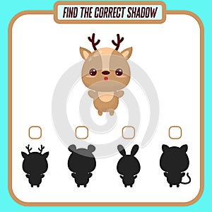 Find the right shadow. Cute cartoon deer. Educational game with animals. Logic games for children with an answer. A