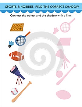 Find right shadow. Puzzle game for children. Cartoon style objects. Items on white background. Preschool activity