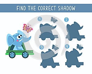 Find the right shadow. Puzzle Game for children. Cute animal on white background. Transport and animals. Vector
