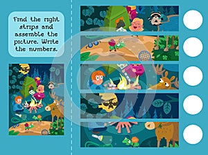 Find the right strips and assemble the picture. Write the numbers. Puzzle game for children. Animals in the forest. Cute