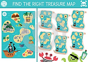 Find the right treasure map. Treasure island matching activity for children. Sea adventures educational quiz worksheet for kids