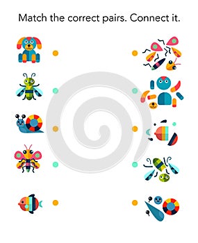 Find the same and connect them. Game for preschool children. Cartoon insect isolated on white background. Vector