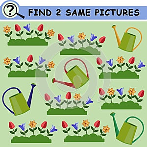 Find same pictures with cartoon flower beds and watering cans on green background.