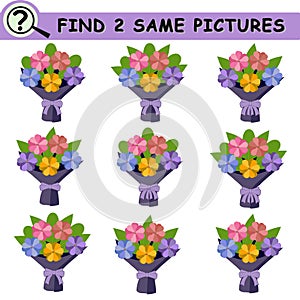 Find same pictures with cartoon flower bouquets in festive papers.