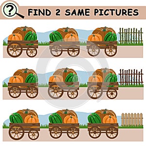 Find same pictures with cartoon pumpkins in garden carts.